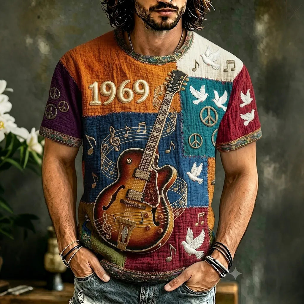 Men's Retro Hippie Color Block Pattern Art Casual Short-sleeve T-shirt