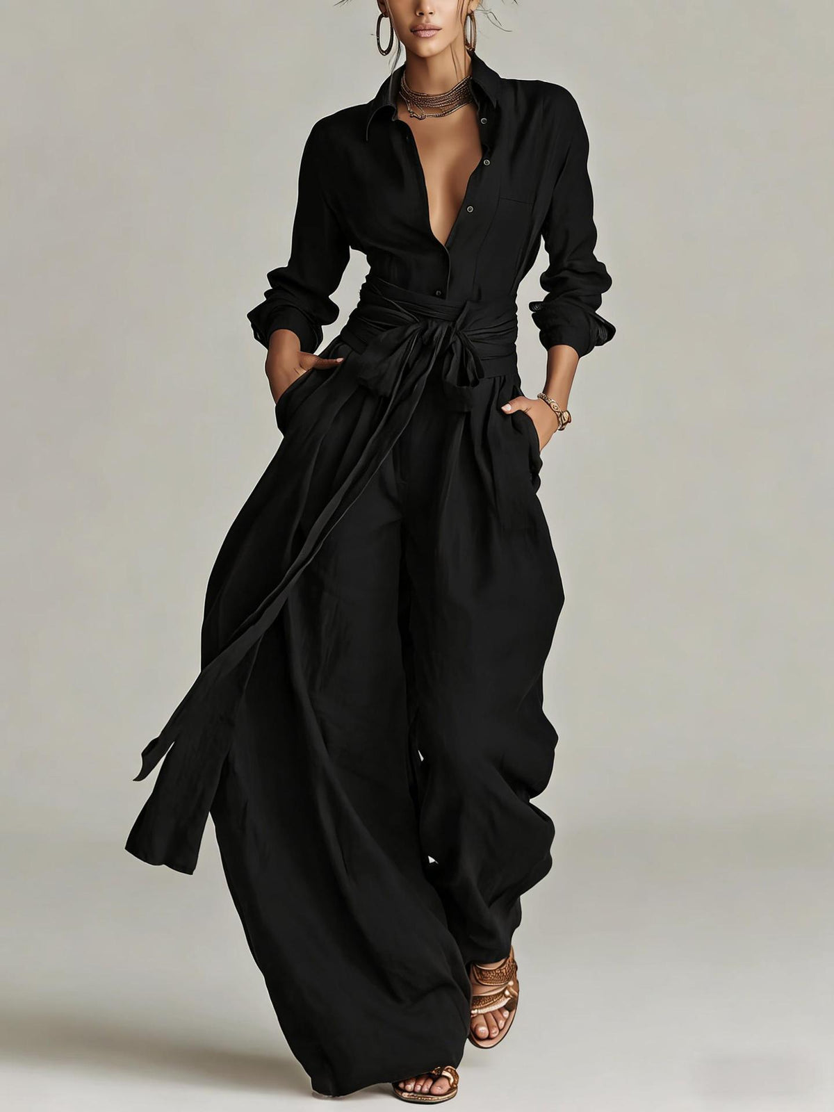 Women's Elegant Brown Woven Cotton-linen Long-sleeved Shirt Collar Jumpsuit With Belt MDA1965L9AN