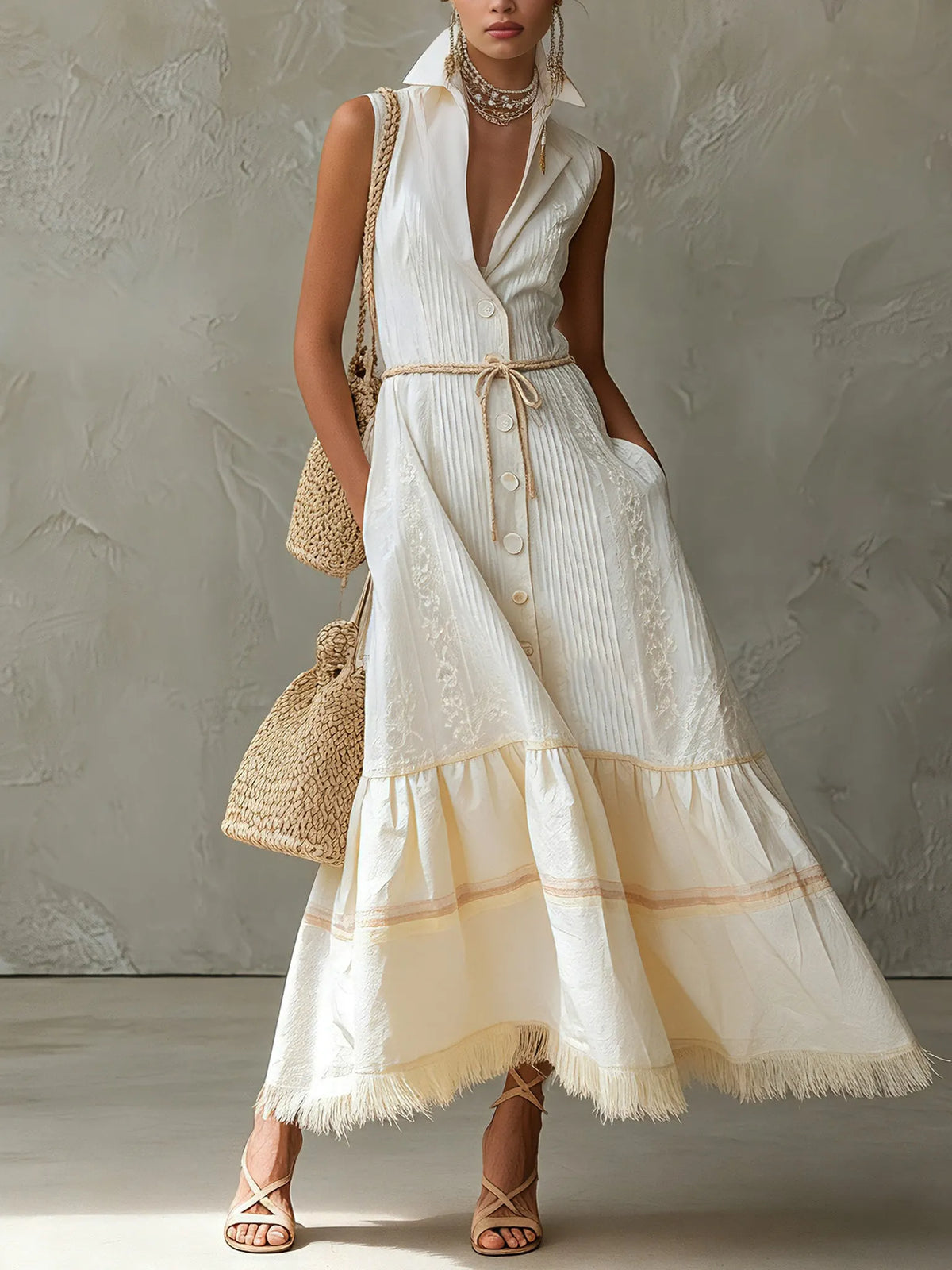 Cream Sleeveless Fringe Hem Maxi Dress