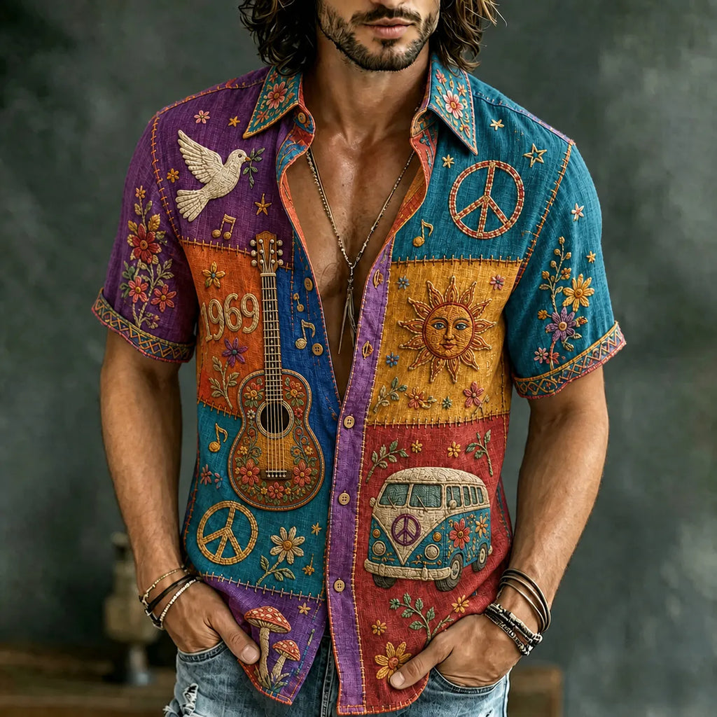 Men's Retro Hippie Peace Sign And Guitar Patchwork Print Short-sleeve Shirt
