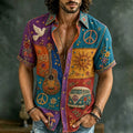 Men's Retro Hippie Peace Sign And Guitar Patchwork Print Short-sleeve Shirt