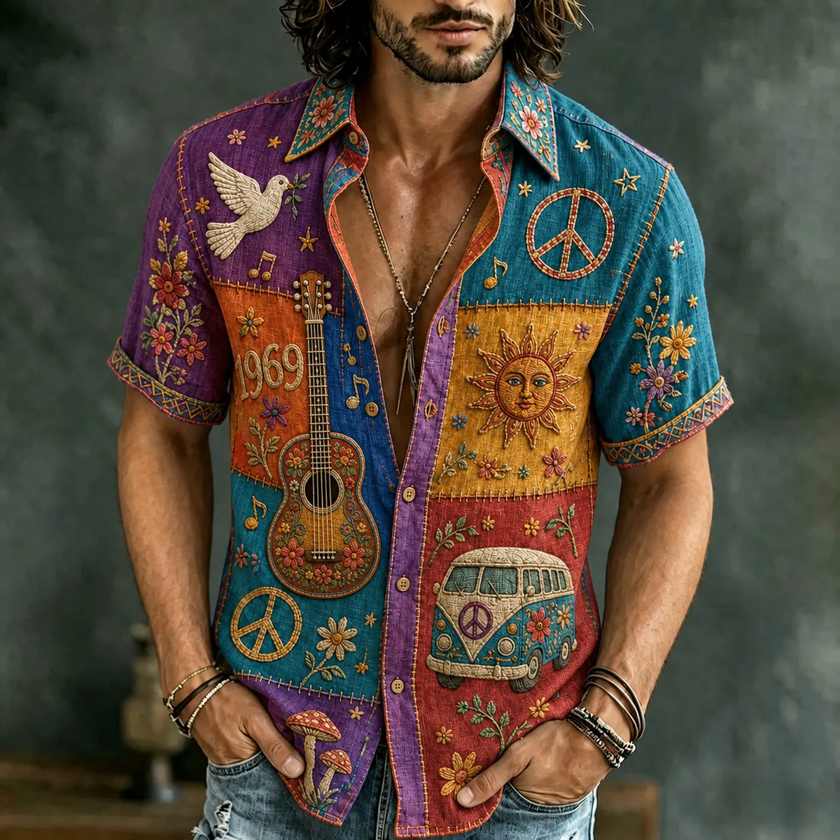 Men's Retro Hippie Peace Sign And Guitar Patchwork Print Short-sleeve Shirt