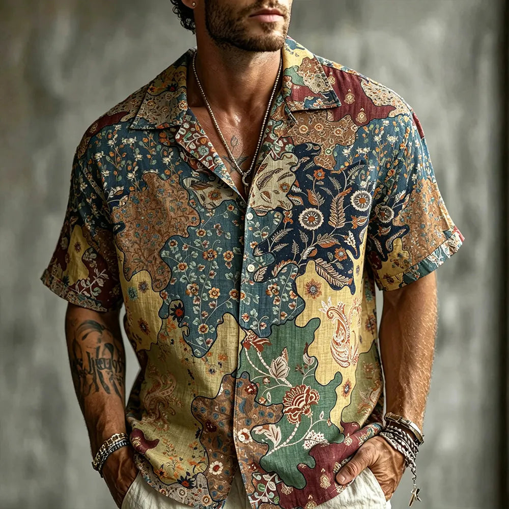 Men's Plant Floral Art Geometric Patchwork Print Casual Short Sleeve Linen Shirt