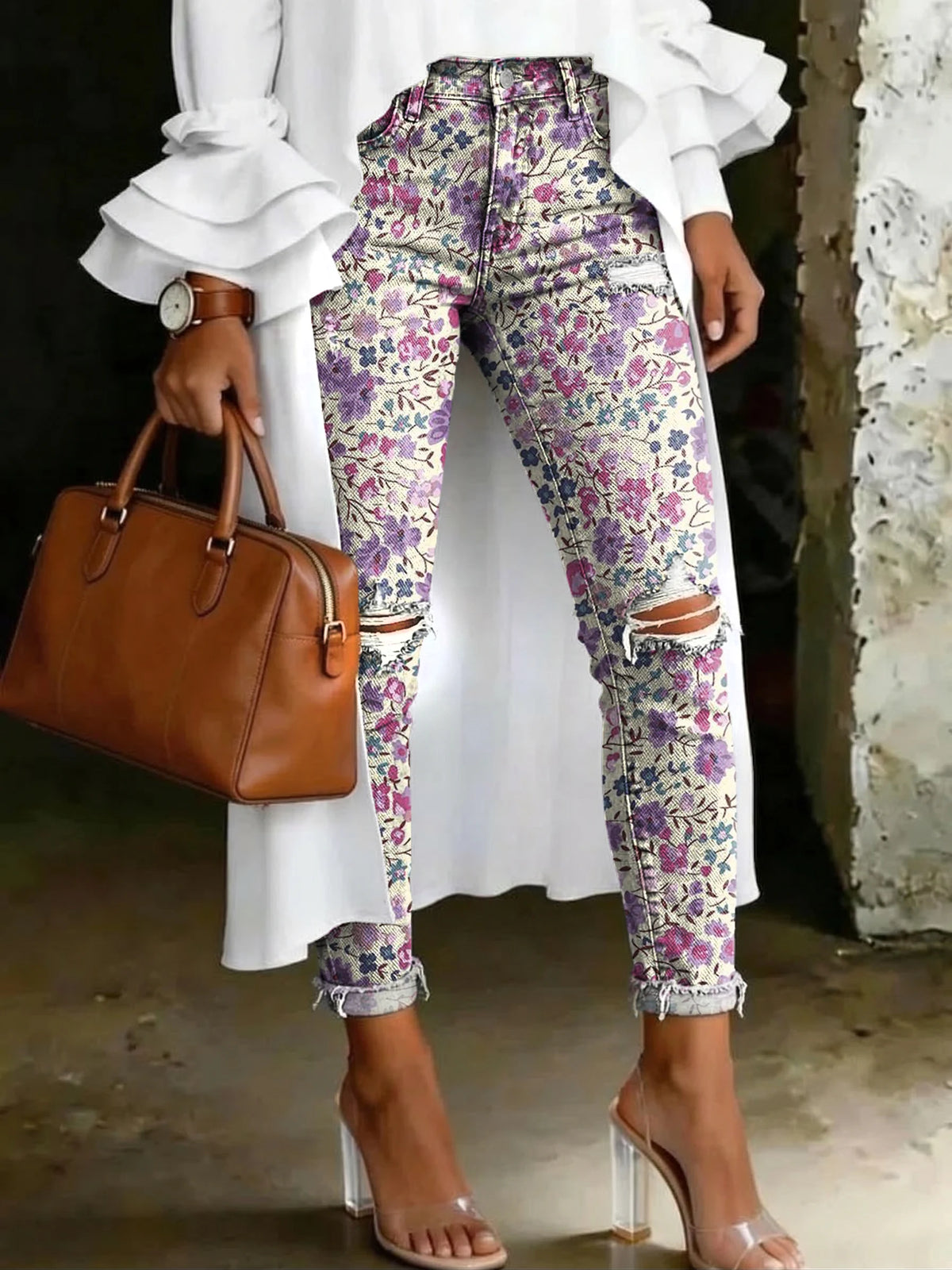 Women's Fashion Retro Floral Print Artistic Print Casual Skinny Ripped Jeans