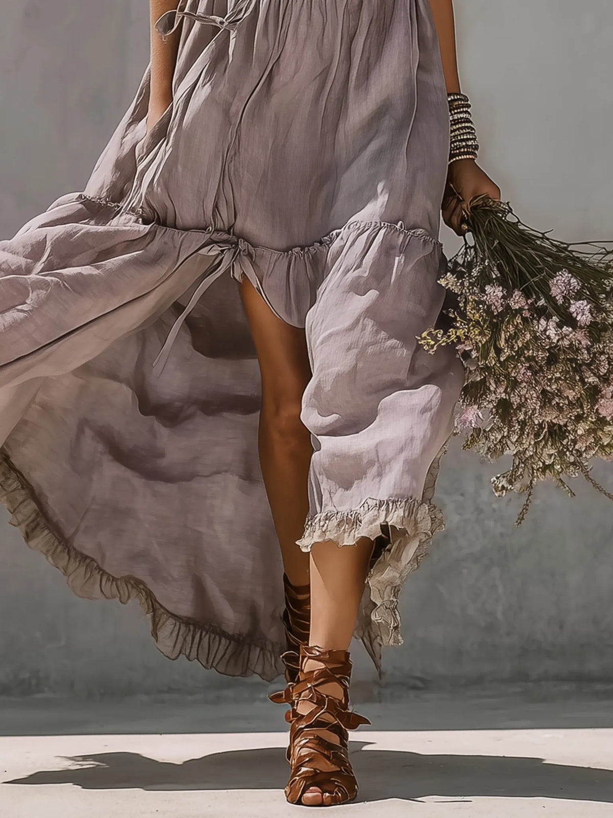 Purple Lace Trimmed Linen Maxi Dress