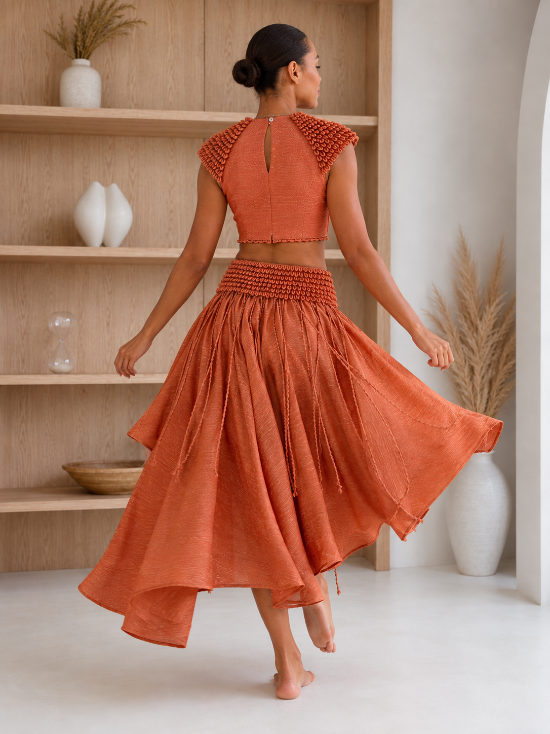 Terracotta Sculpted Shoulder Crop Top & High-Low Skirt Set
