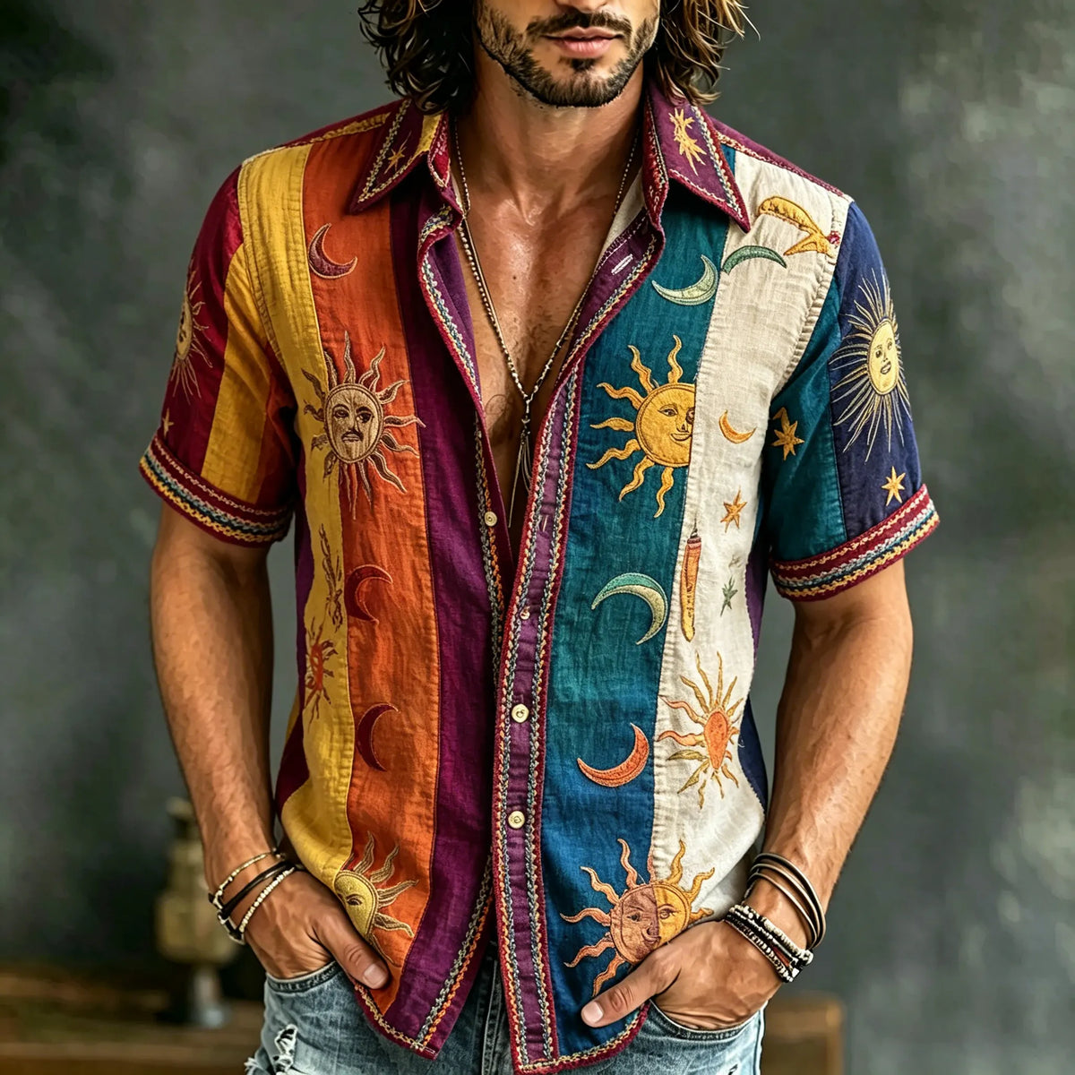 Men's Retro Hippie Sun Moon Star Patchwork Pattern Short-sleeve Cotton Linen Shirt