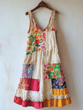 Boho Floral Pattern Patchwork Linen Blend Dress e79f