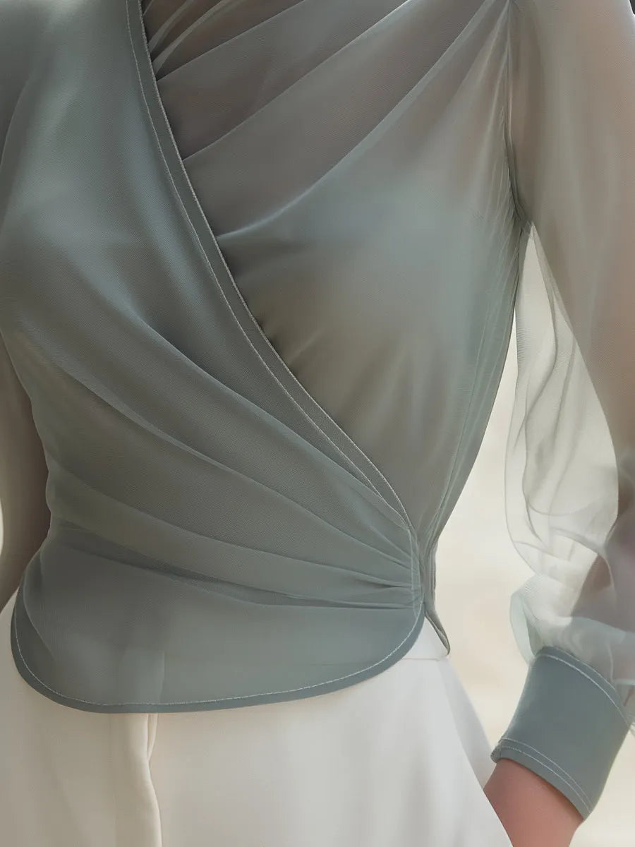 Sheer High-Neck Draped Blouse With Soft Pleated