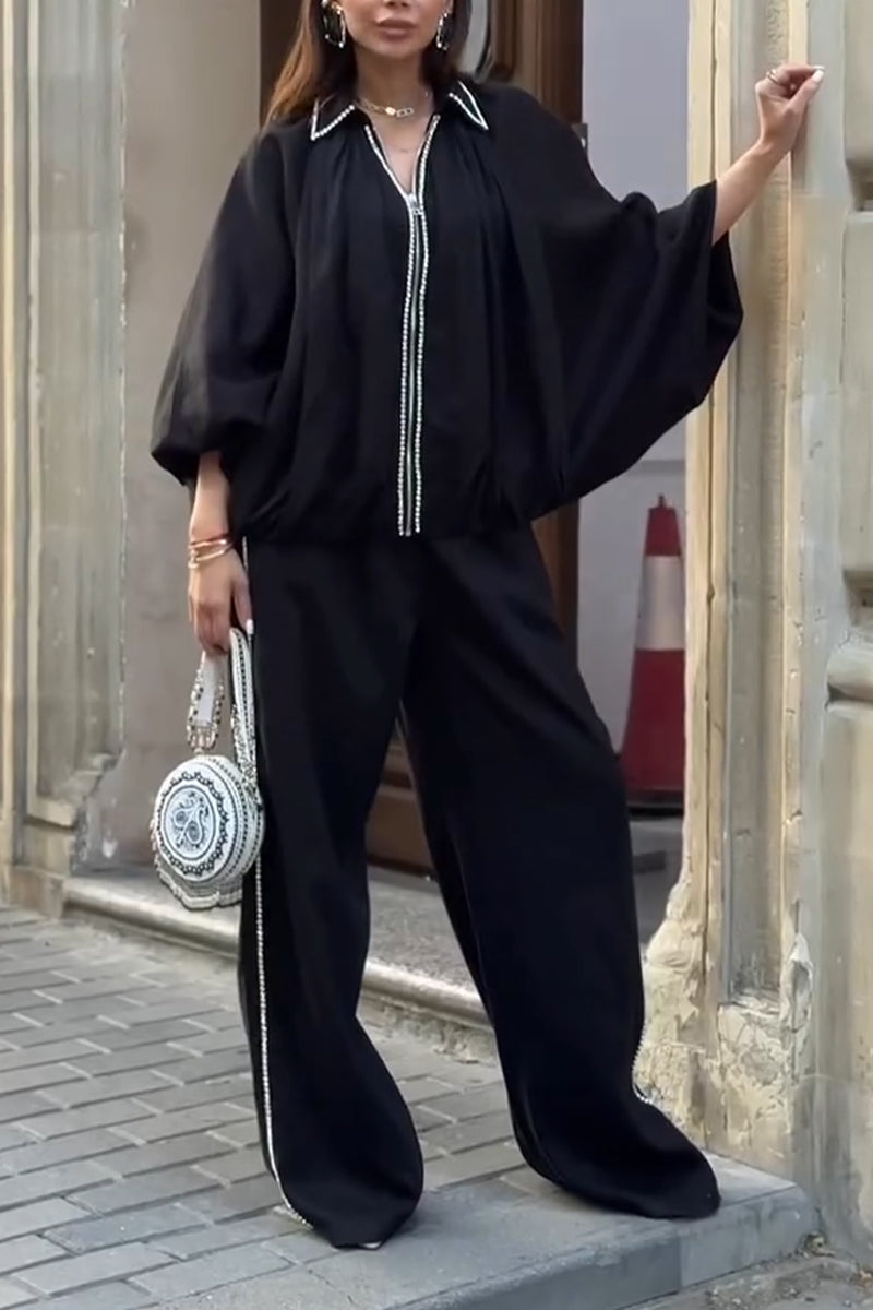 Women Collar Hot Diamond Jacket+ Wide Leg Pants Casual Set
