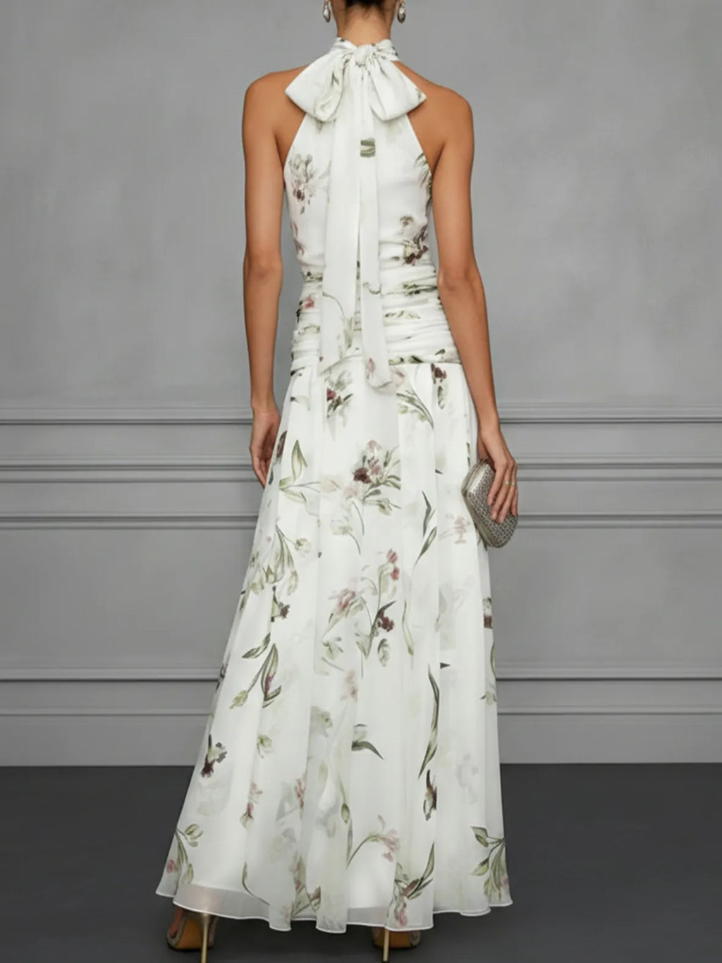 White Ruched Floral Chiffon Halter Neck Sleeveless A-Line Floor-length Gown Dress