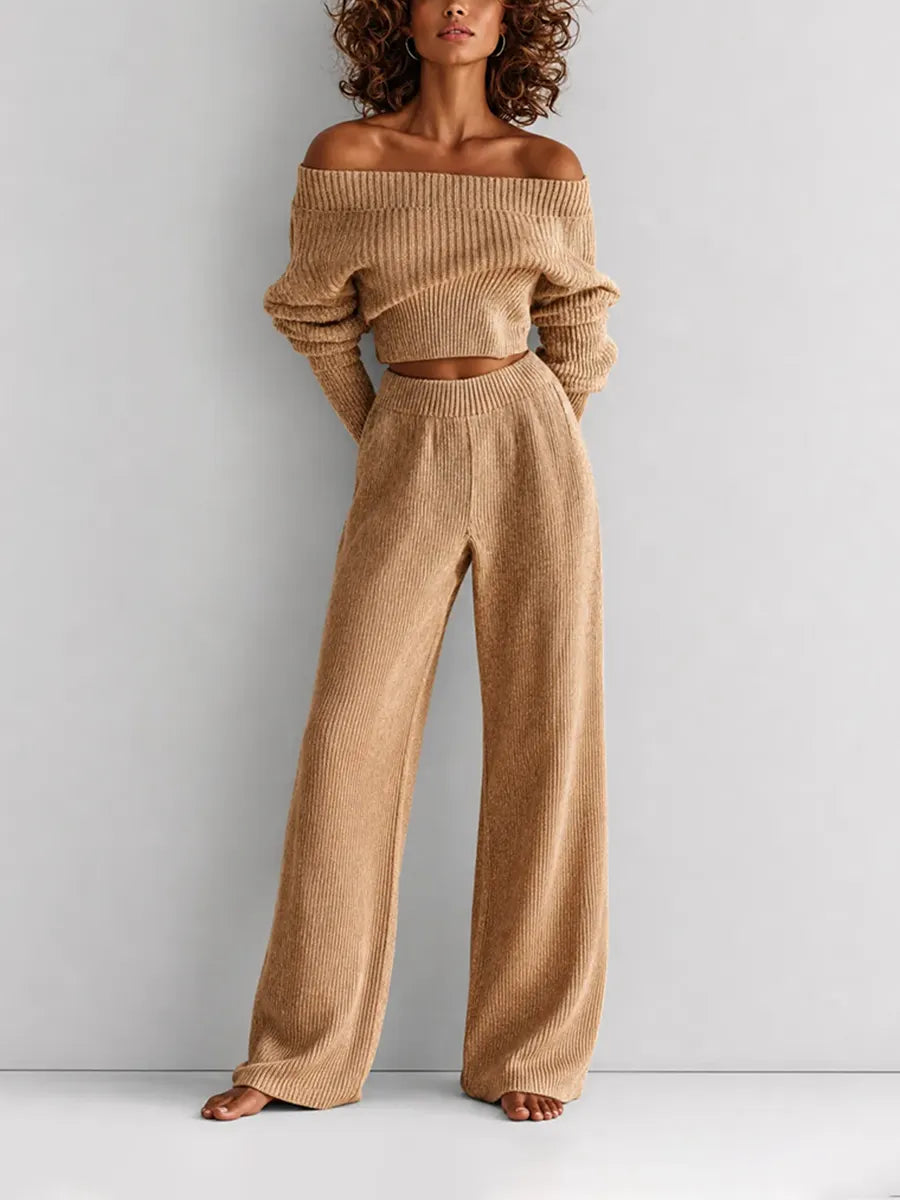 Women's Elegant Casual Camel Wool-Knit Off-Shoulder Long-Sleeve Cropped Top & High-Waisted Wide-Leg Trouser Set MDZ2788G5CMX
