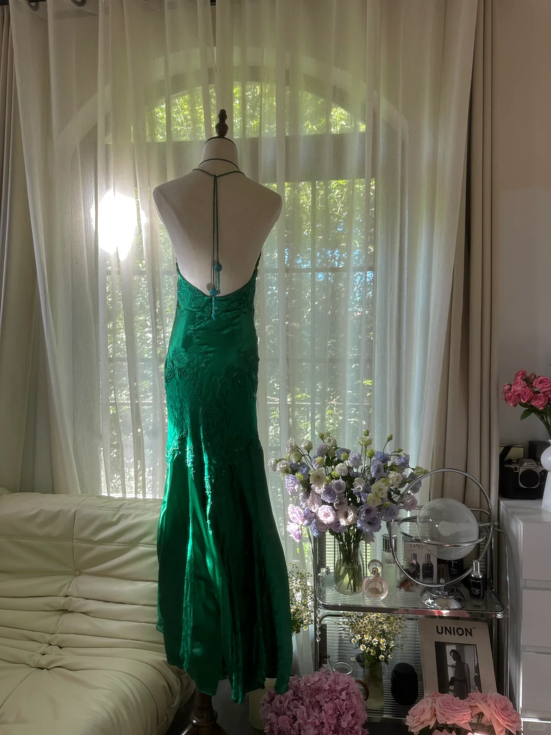 Green Gorgeous Shiny Fashion Elegant Delicate Lace Beading Long Satin Chiffon Fairy Ball Gown Evening Dress Birthday/Wedding Guest/Holiday Party Dress Prom Dress Valentine's Day Date Dress 4037