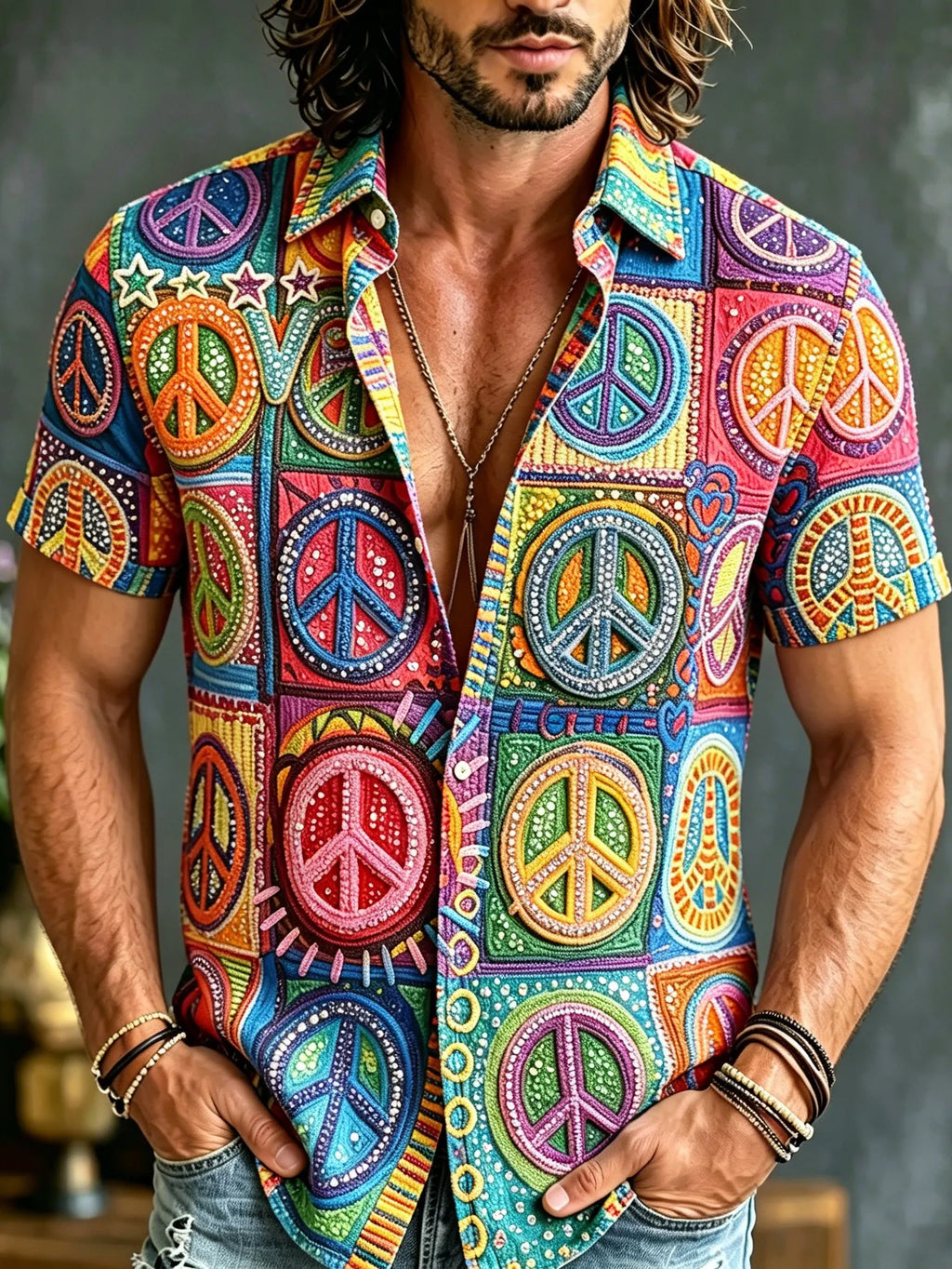 Men's Retro Bohemian Hippie Style Embroidered Sequin Print Short-sleeve Shirt