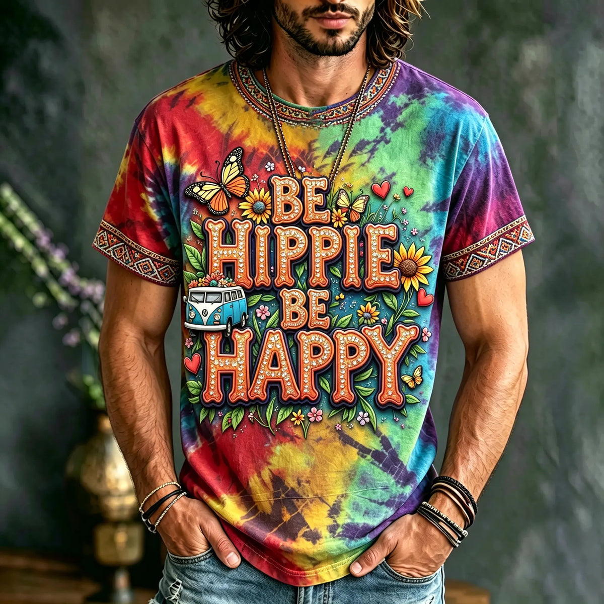 Men's Hippie Tie-dye Be Hippie Be Happy Printed Short-sleeved Linen Shirt