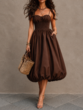 Boho Vacation Brown Smocked Bodice Bubble Midi Dress