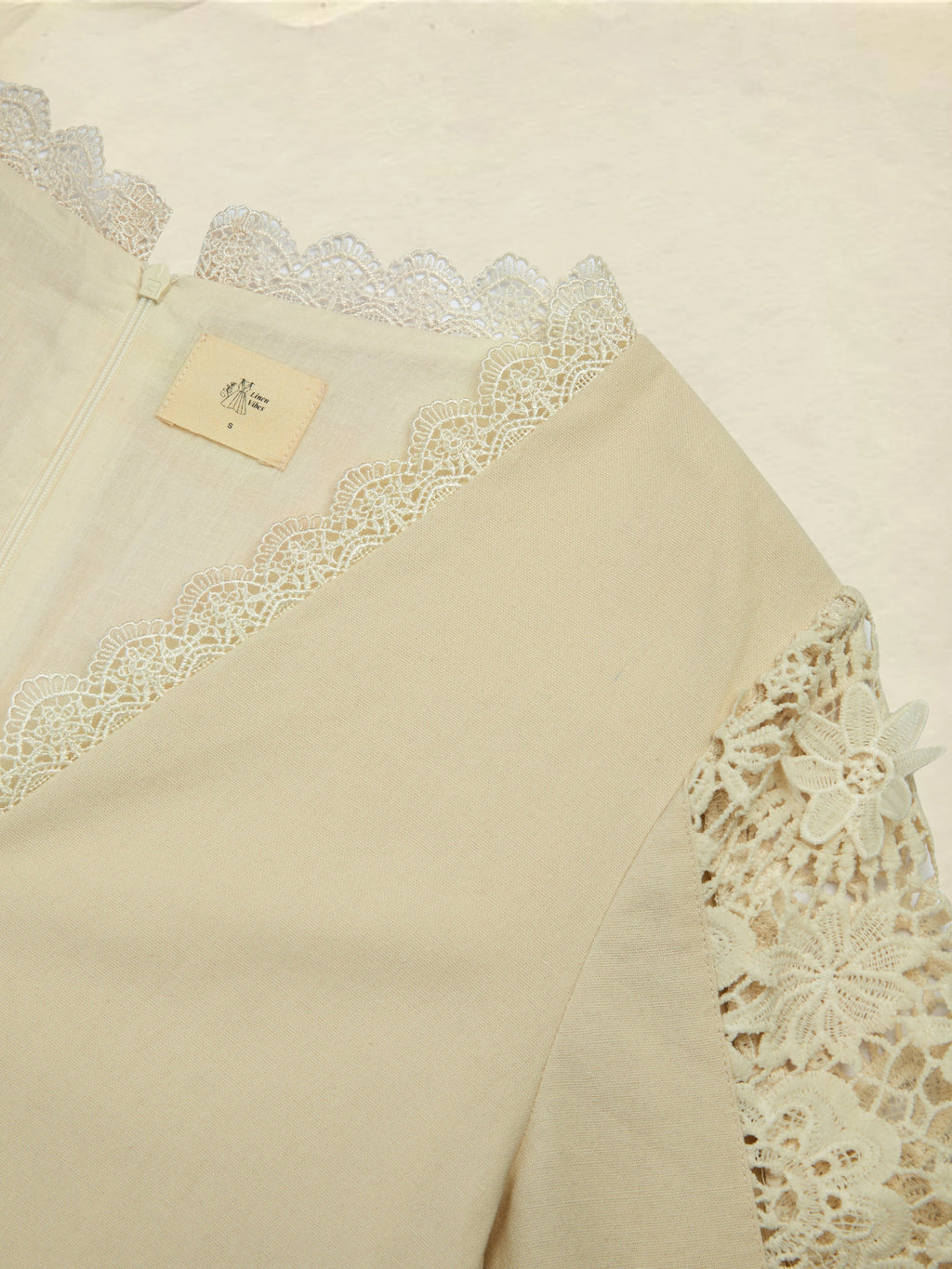 Midi Linen Dress, Long Sleeves, Plain, Lace, French Vintage, Apricot