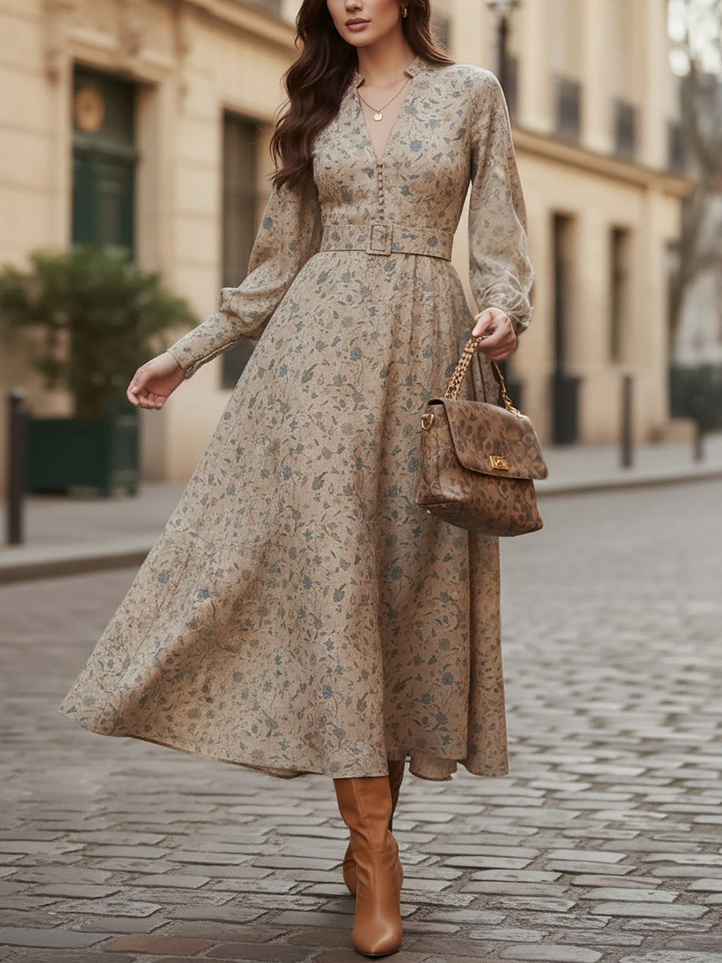 Midi Linen Dress, Long Sleeves, V Neck, Floral, Belt Design, Vintage, Khaki