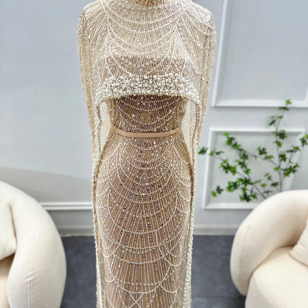 Dreamy Vow Luxury Pearls Dubai Champagne Evening Dresses with Cape 2023 New Arabic Women Mermaid Wedding Party Prom Dress 369