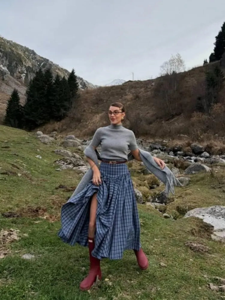 Navy Plaid High-Waist A-Line Skirt