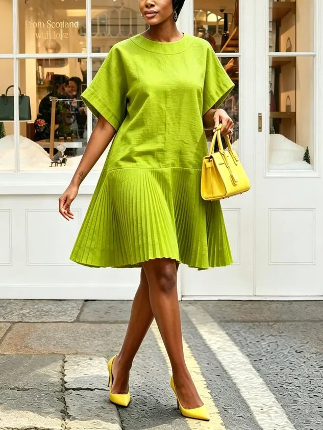 Cotton And Linen Casual Plain Pleated Crew Neck Knee Length Dress