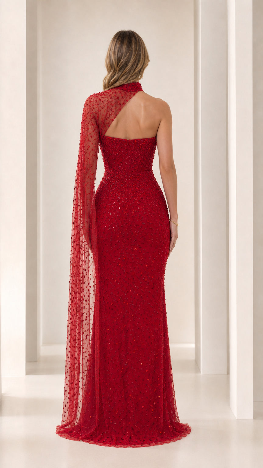 Sequined Beaded Sweetheart Evening Gown with Asymmetric Cape Drape