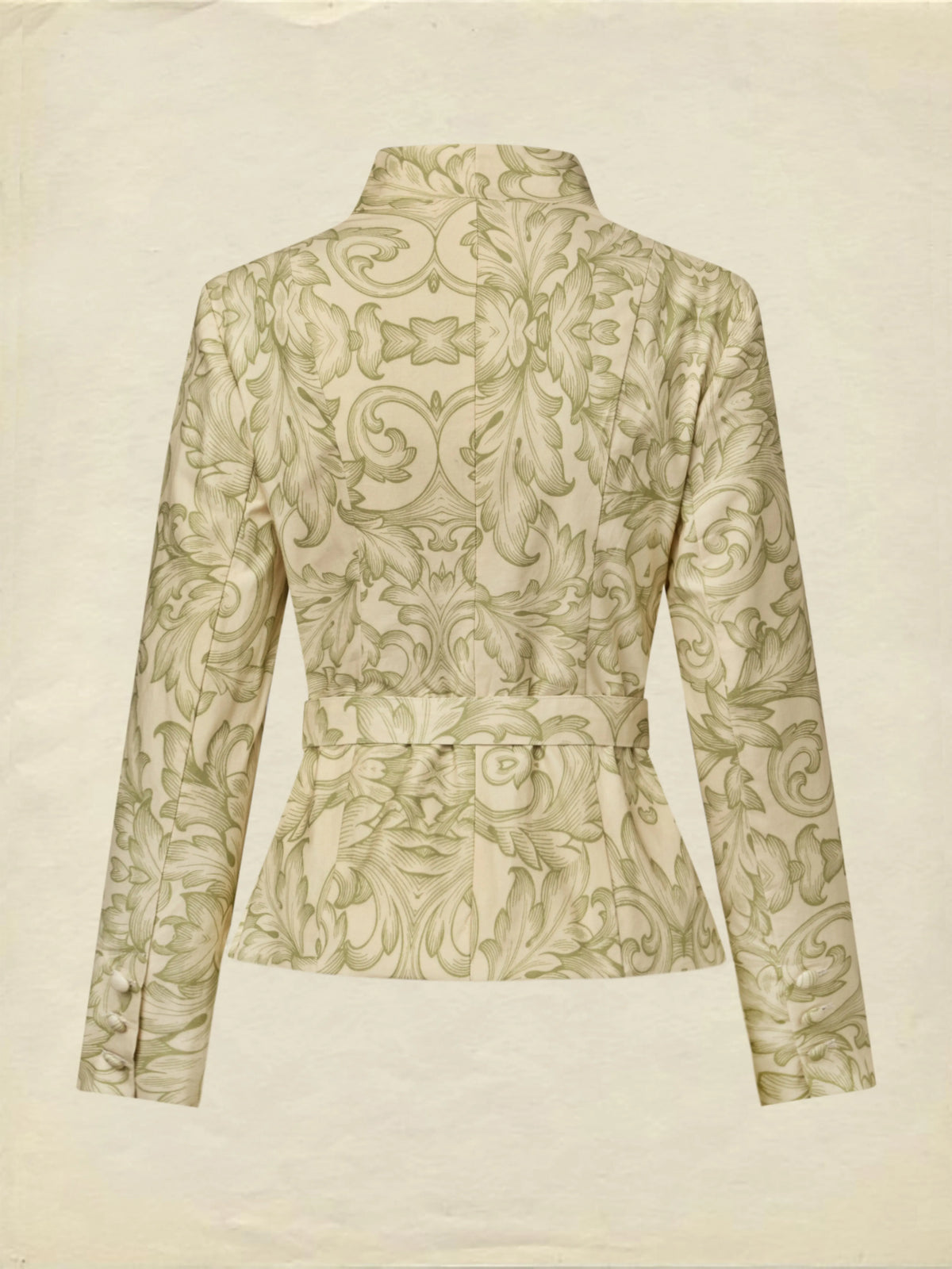 Midi Cotton Skirt Set, Long Sleeves, V Neck, Leaf, Plants, Button Design, Vintage, Light Khaki