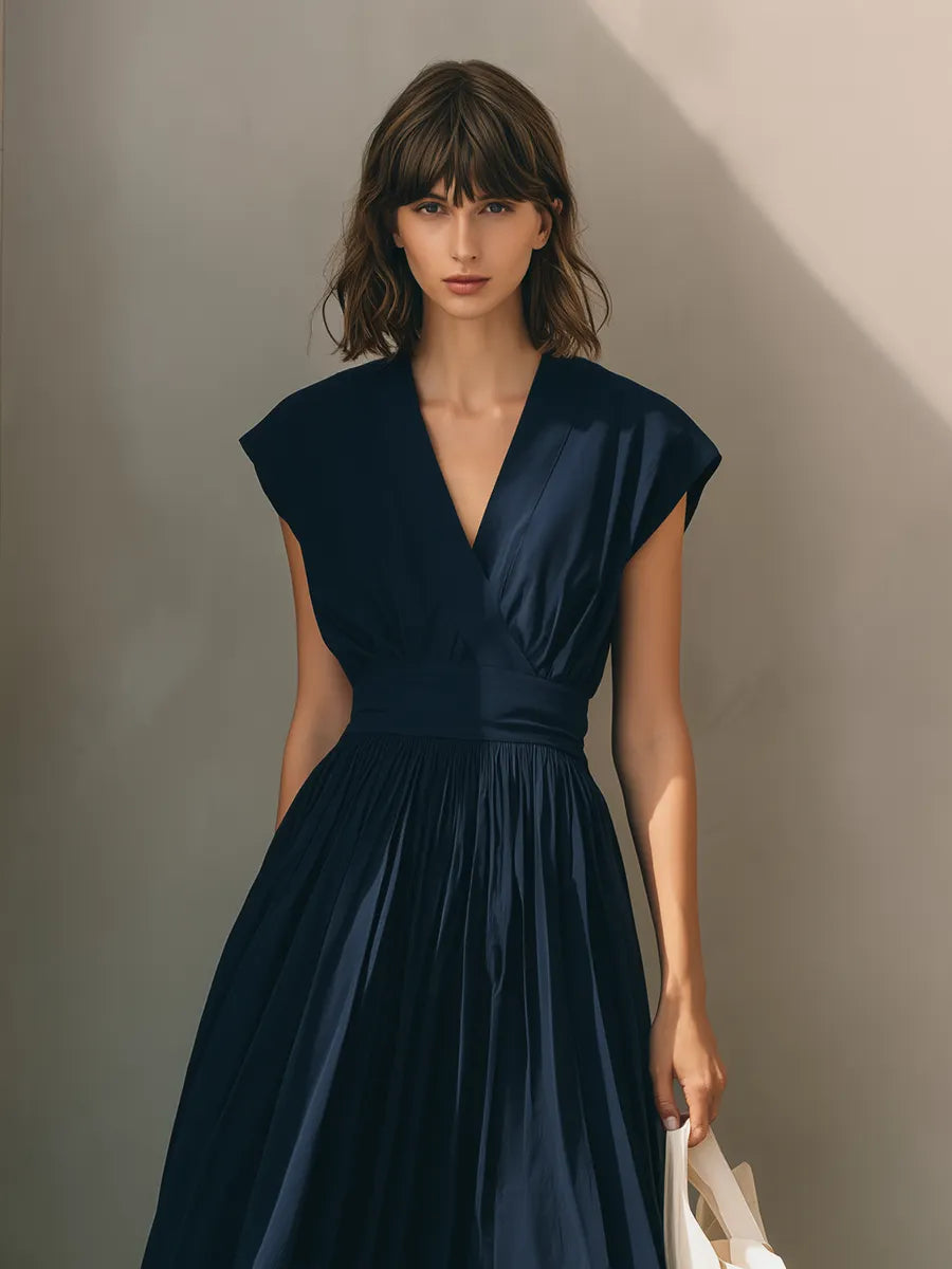 Women's Modern Minimalist French-Style Elegant Dress — V-Neck, X-Silhouette, Cinched Waist, Deep Navy Blue  MDZ2136D9ZJW