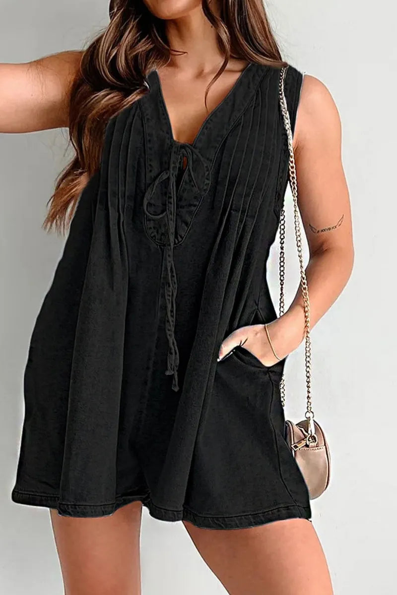 Womens Casual Sleeveless Tie Front Denim Romper Overall Shorts Summer Jean Romper With Pocket