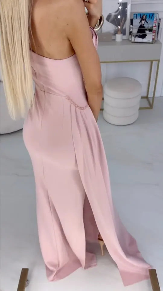 Flower Applique Side Slit Evening Gown Midi Dress