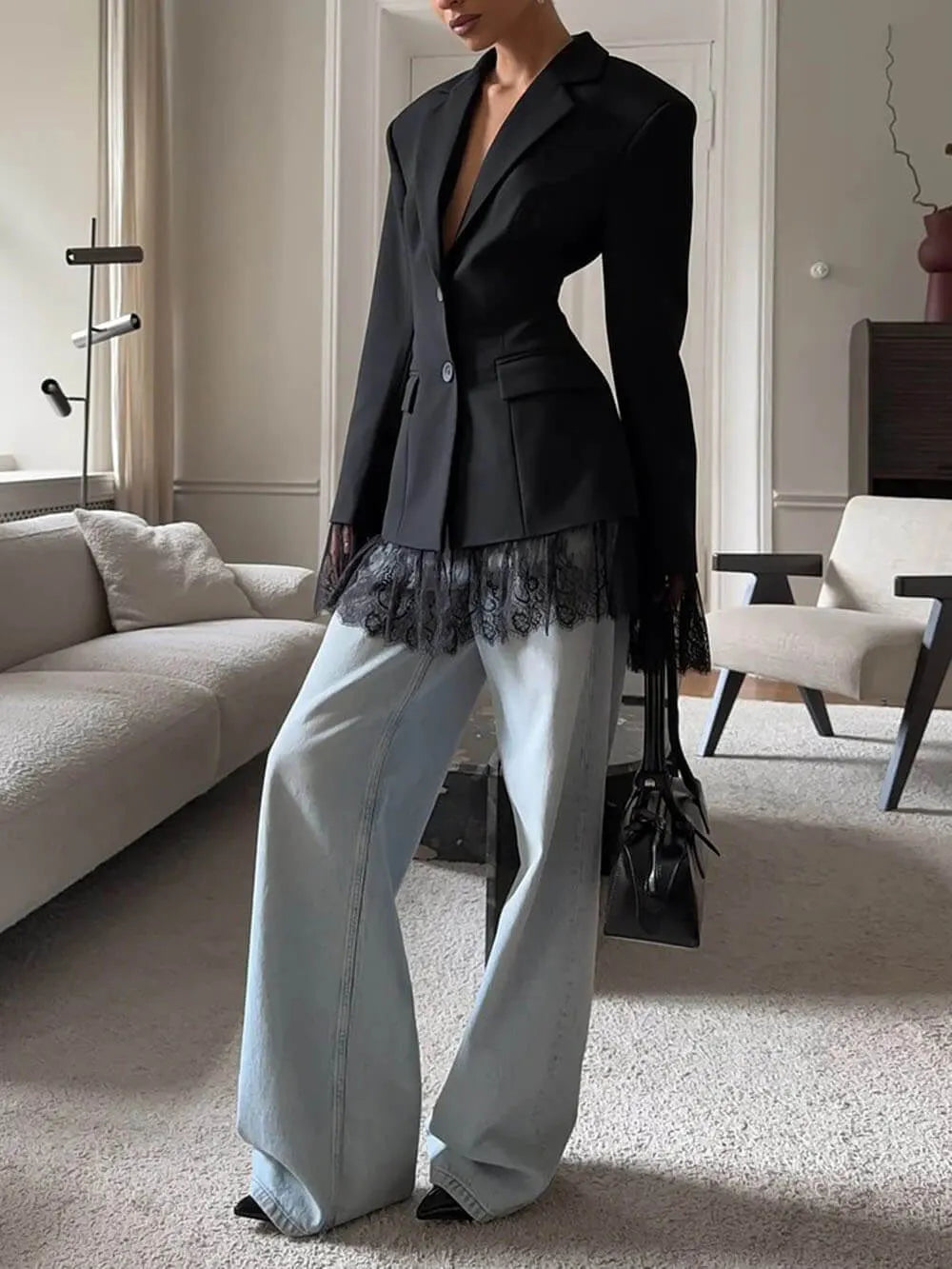 Casual Lace Hem Detail Black Blazer
