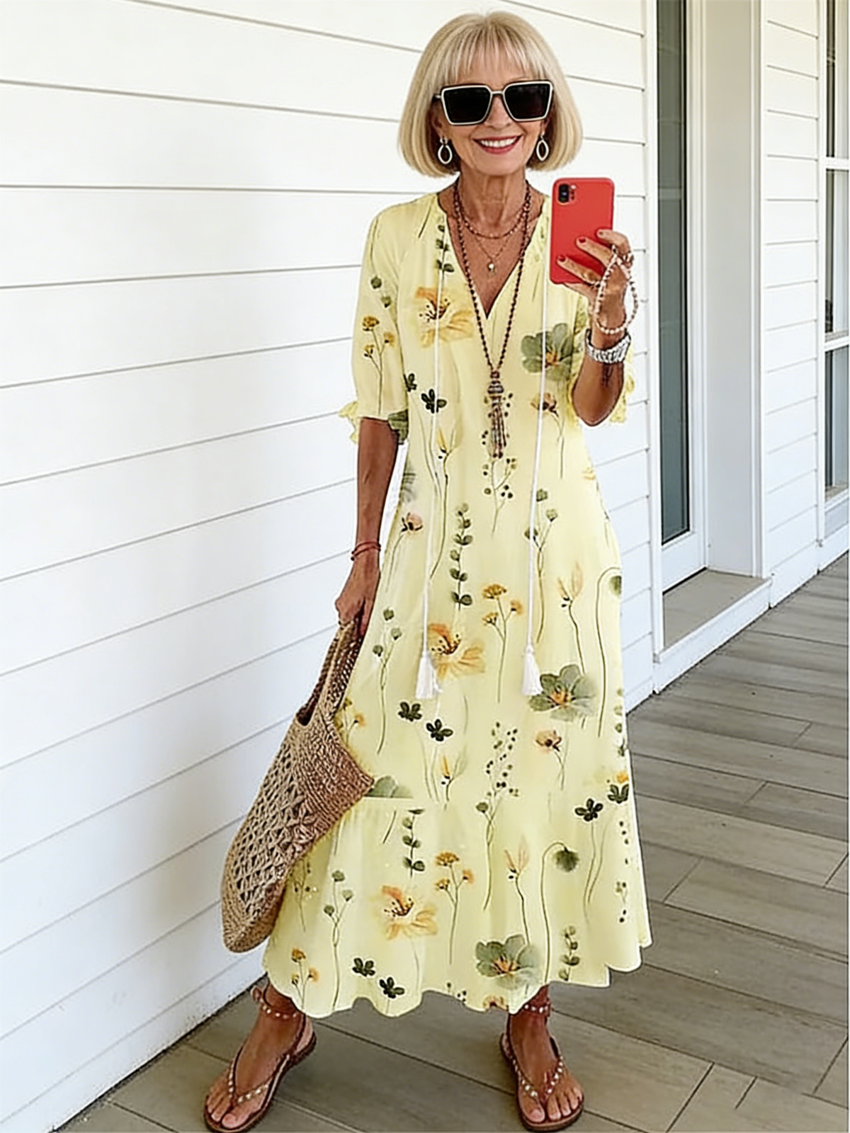 Half Sleeve Floral Print Summer Fall V Neck Casual Geometric Printed Dress