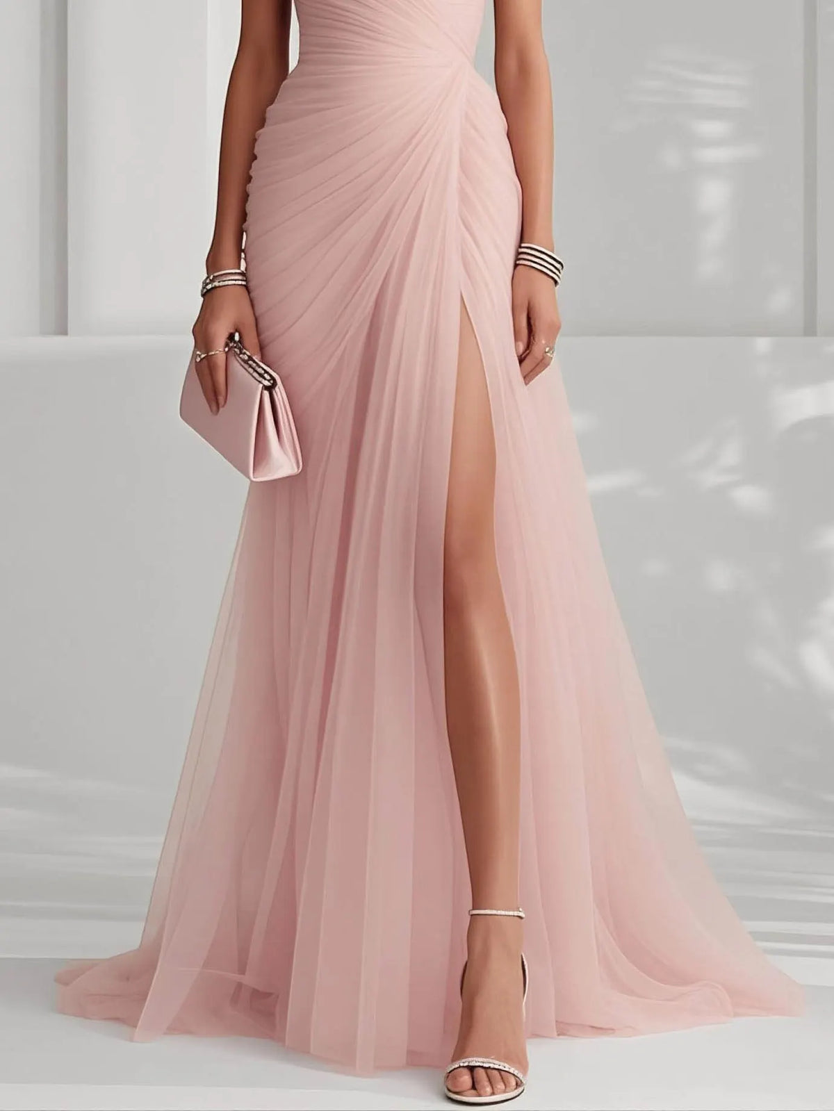 Elegant Pink Strapless Pleated Tulle Maxi Dress