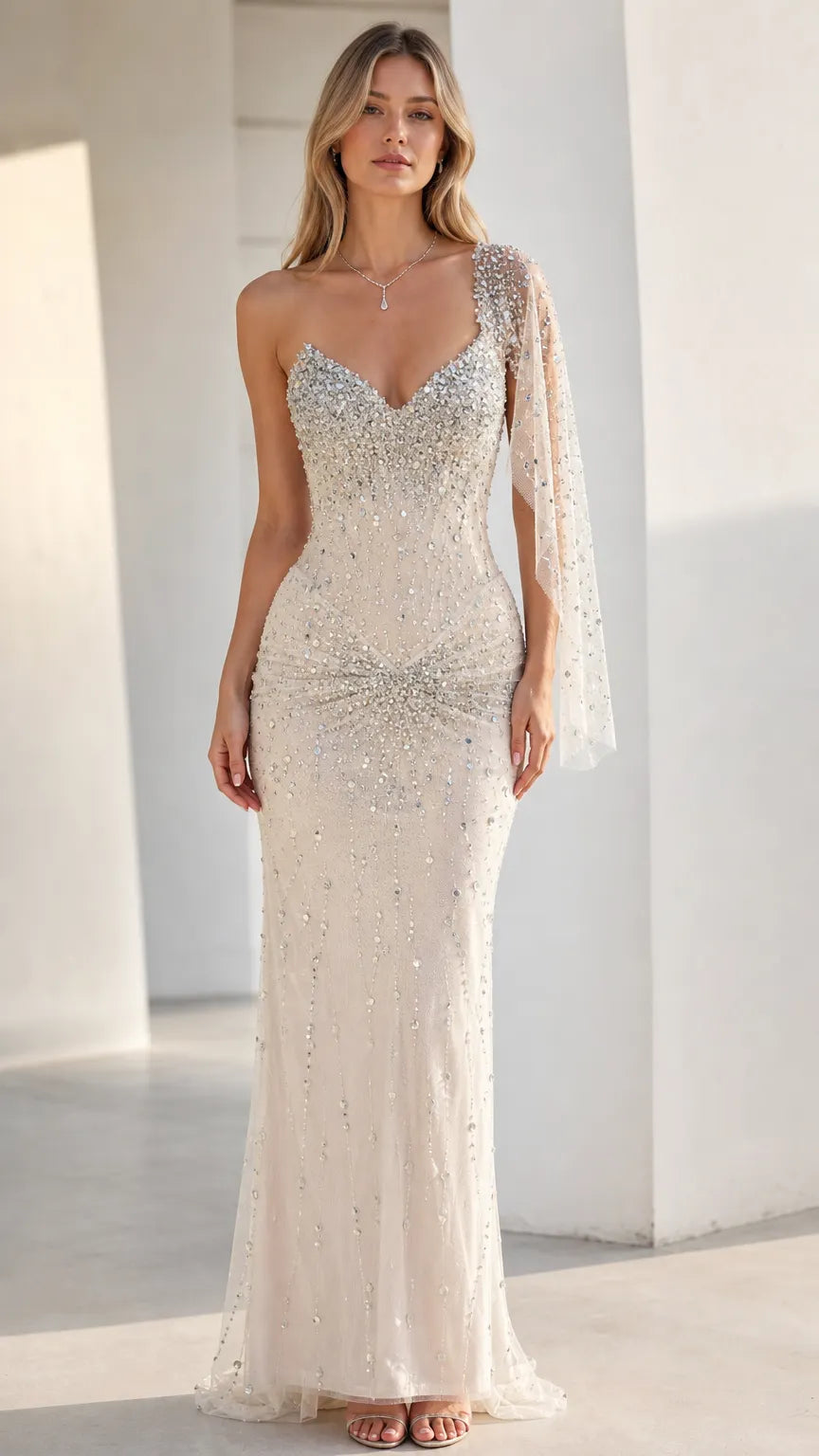 One-Shoulder Beaded Evening Gown with Draped Cape Sleeve
