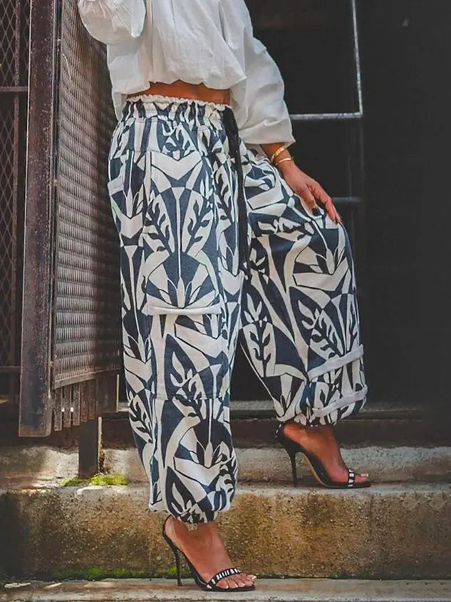 High Waist Casual Geometric Regular Fit Pants