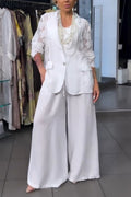 Women Collar Patchwork Pattern Hollowed Out Jacket+ Wide Leg Pants Elegant Casual Set