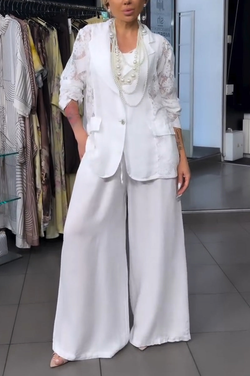 Women Collar Patchwork Pattern Hollowed Out Jacket+ Wide Leg Pants Elegant Casual Set