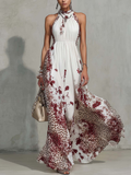 White Floral And Leopard Print Chiffon Halter Maxi Dress