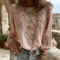 Women's Vintage Pink Flower Embroidery Art Print Round Neck Long Sleeve T-shirt