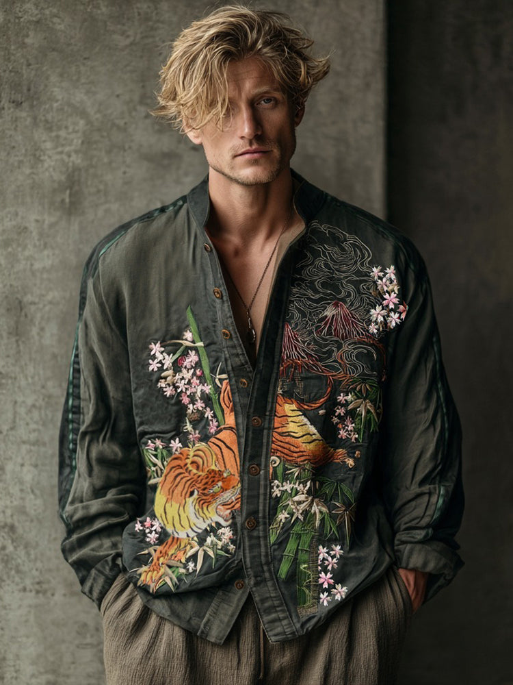 Men's Ukiyo Tiger Cherry Blossom Print Japanese Art Cotton-linen Shirt