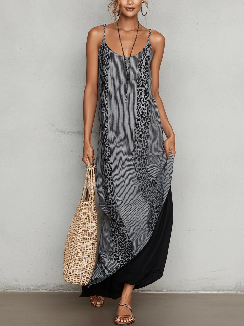 Gray Leopard Stripe Cotton Linen Maxi Dress