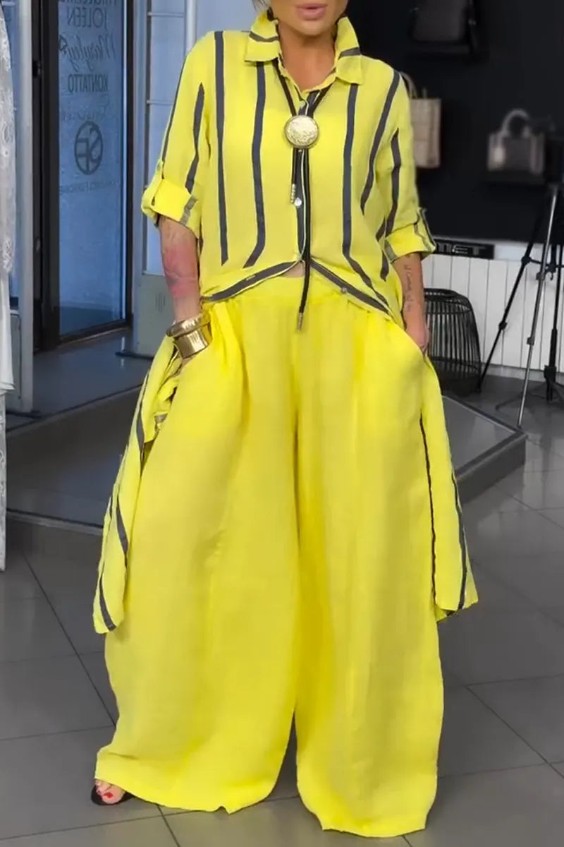 Women Collar Vertical Stripe Long Top+ Wide Leg Pants Loose Casual Cotton and Linen Set