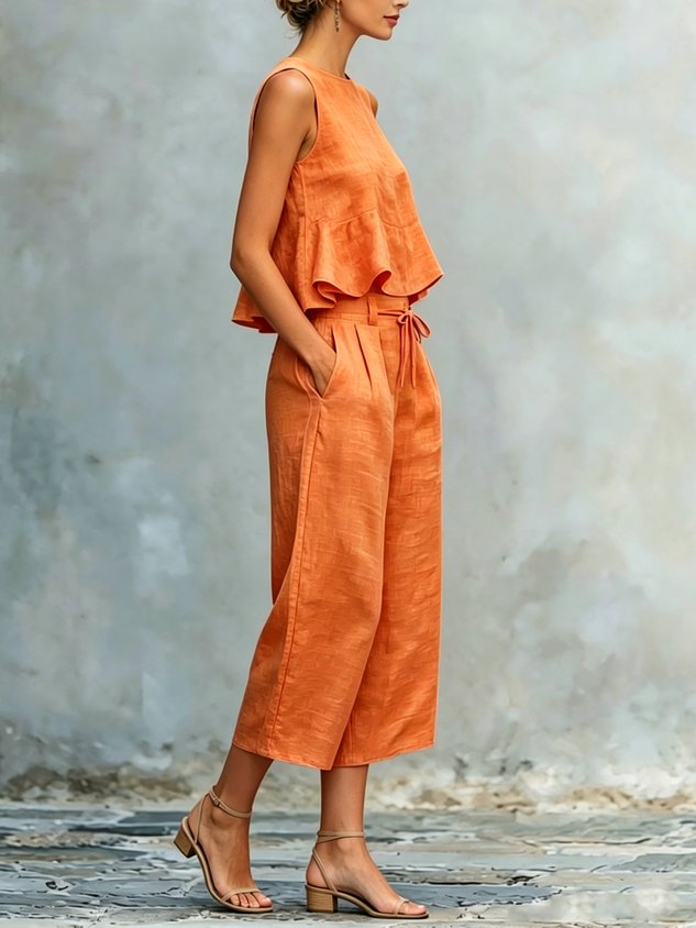 Casual Solid Relaxed Cropped Lace-up Wide Leg Pants