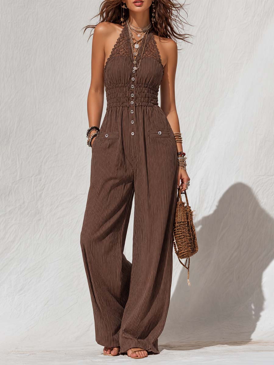 Chocolate Brown Pinstripe Cotton Lace-Trimmed Halter Wide-Leg Jumpsuit