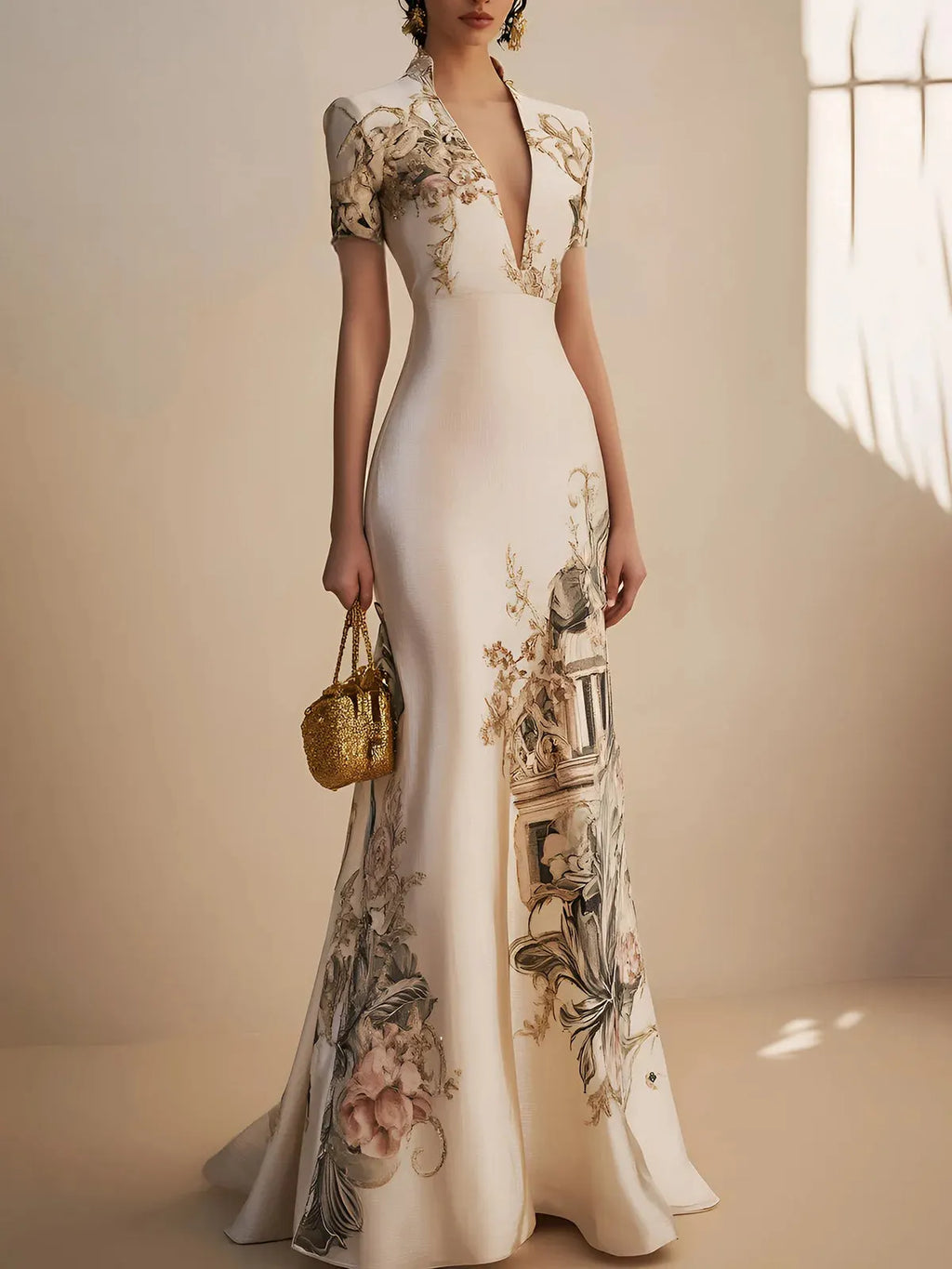 Beige Floral Satin Deep V Neck Short Sleeve Mermaid Gown Dress