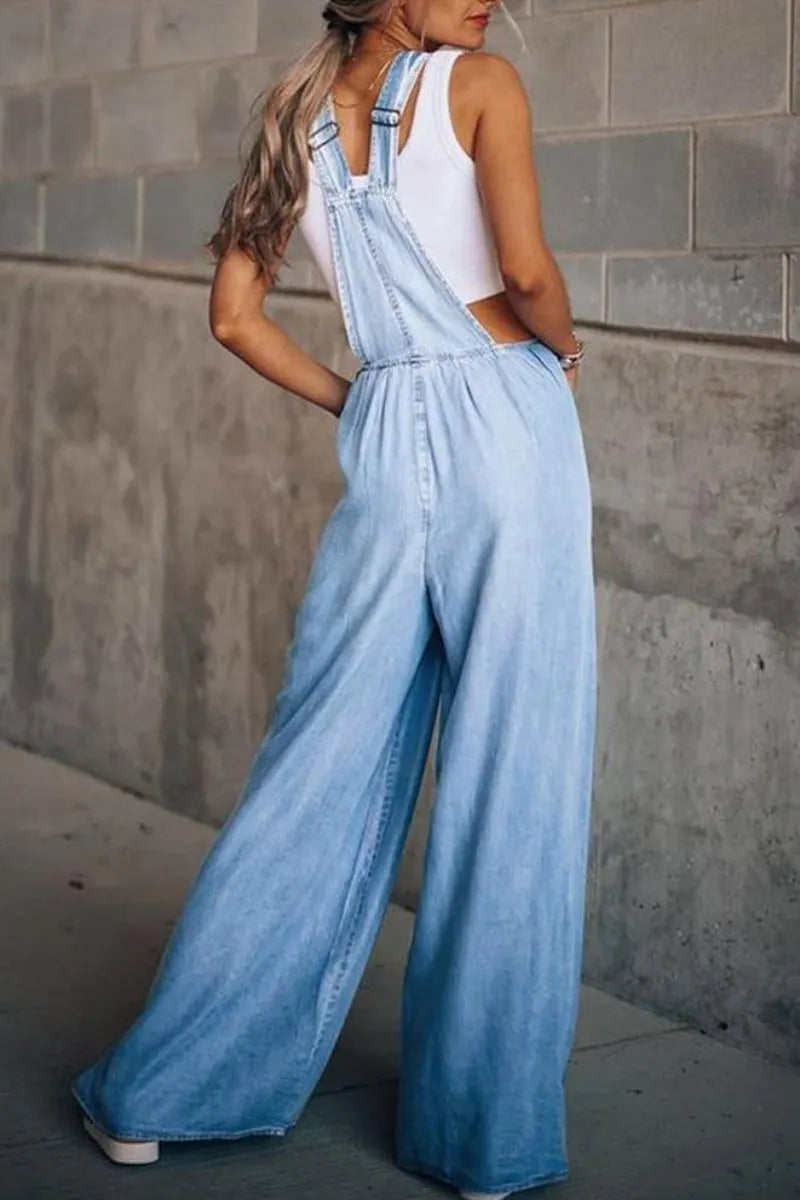 Women's Loose Adjustable Strap Wide Leg Denim Bib Overall Jeans Pants