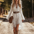Retro Western Lace Midi Dress | Scalloped V-Neck & Trumpet Sleeves