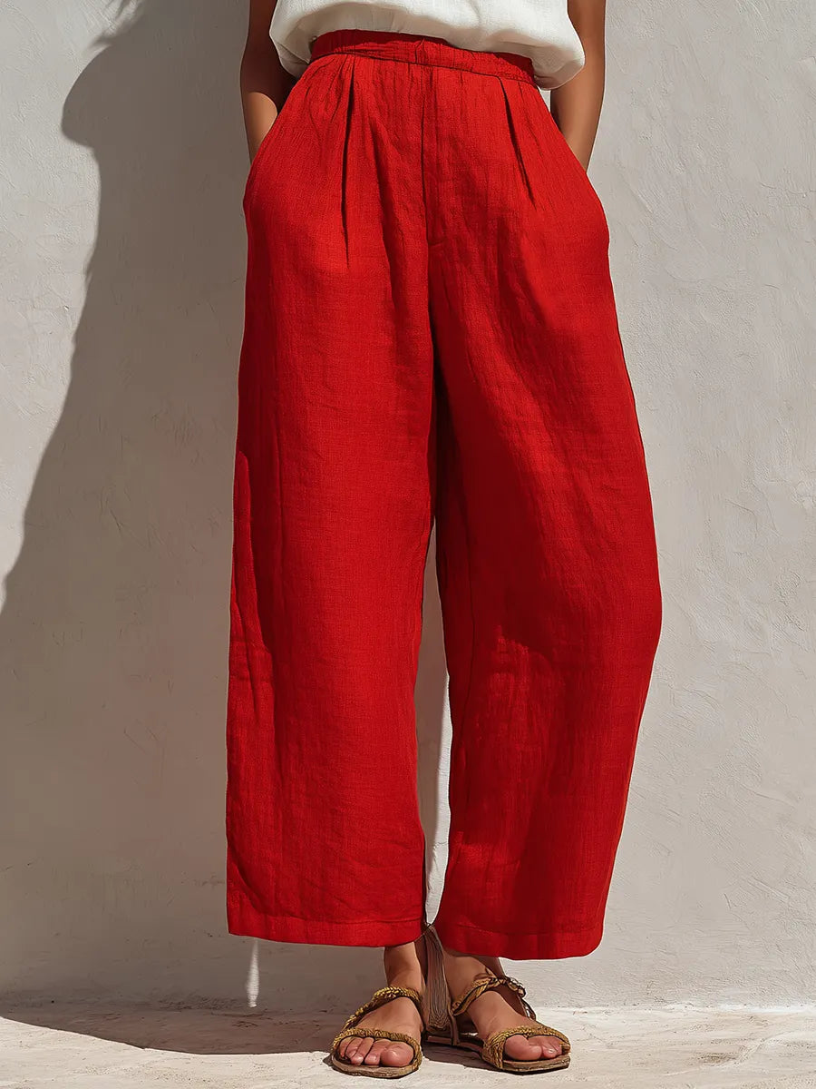 Women’s White Sleeveless Floral Embroidered Linen Top & Red High-Waisted Wide-Leg Pants Two-Piece Set MDZ2803D3T