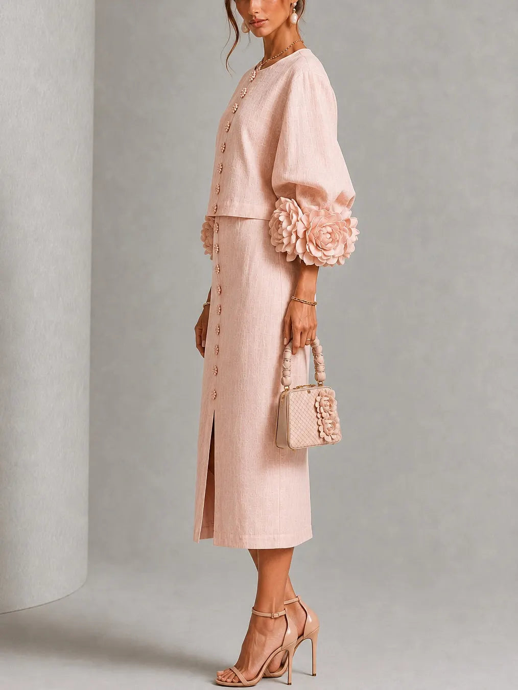 Pink Floral Button-front Top And Skirt Set Featuring Striking Floral Cuffs