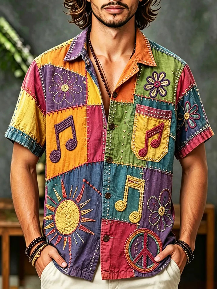 Men's Patchwork Floral Musical Design Short-sleeved Linen Shirt